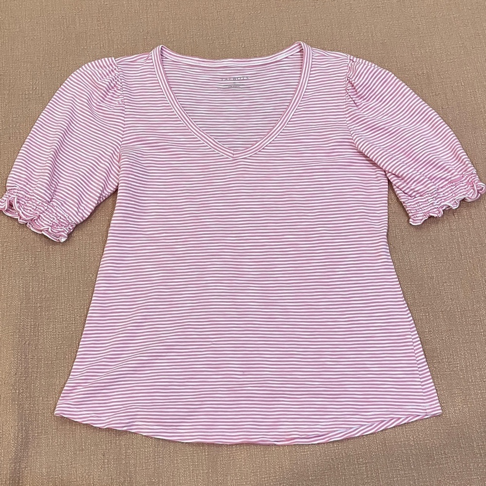 Talbots modal / cotton blend Pink & White Striped V-Neck puff sleeve knit top